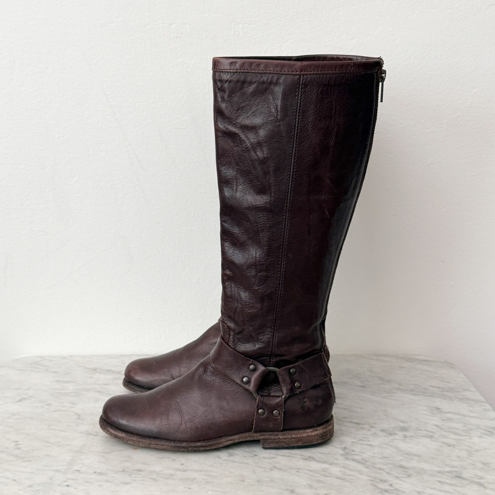 Frye Phillip Harness Tall Boots Riding Moto Back Zip 7B Dark Brown Leather 76850